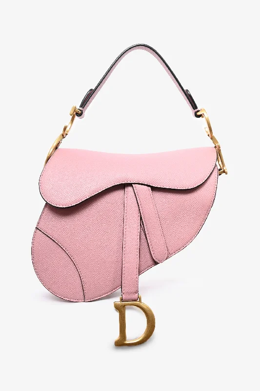 Ladies Handbag Daily Chic -Christian Dior 2022 Pink Grained Leather Mini Saddle Bag with Strap