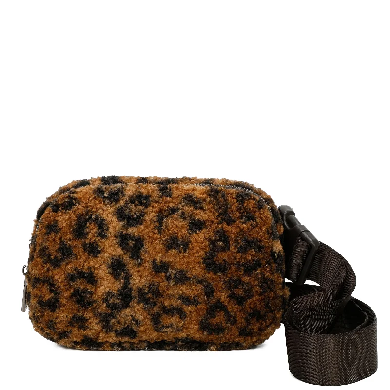 Ladies' crossbody bag picture -Billie's Fuzzy Faux Fur Nylon Bum Fanny Bag - Leopard Brown