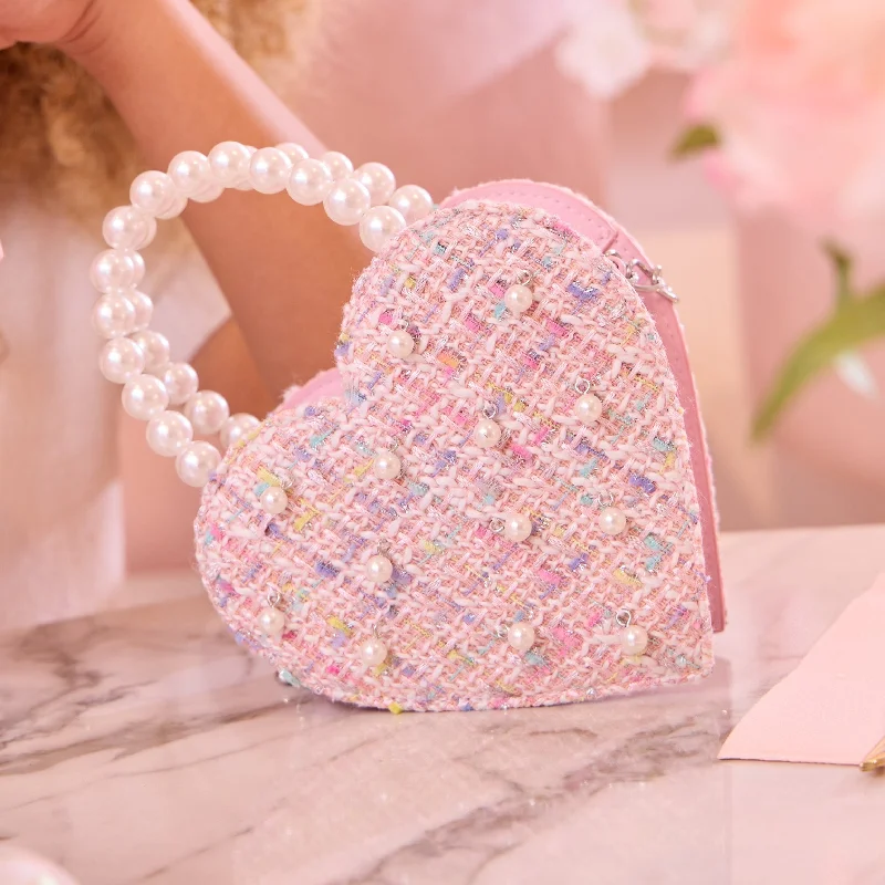 Ladies' crossbody bag durability -Heart-Shaped Tweed Pearl Handle Crossbody Bag