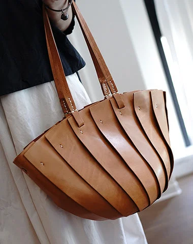 Ladies Bucket Bag Simple Style -Vintage Brown Leather Splicing Bucket Handbag Tote Women Handmade Shoulder Tote Bag for Women