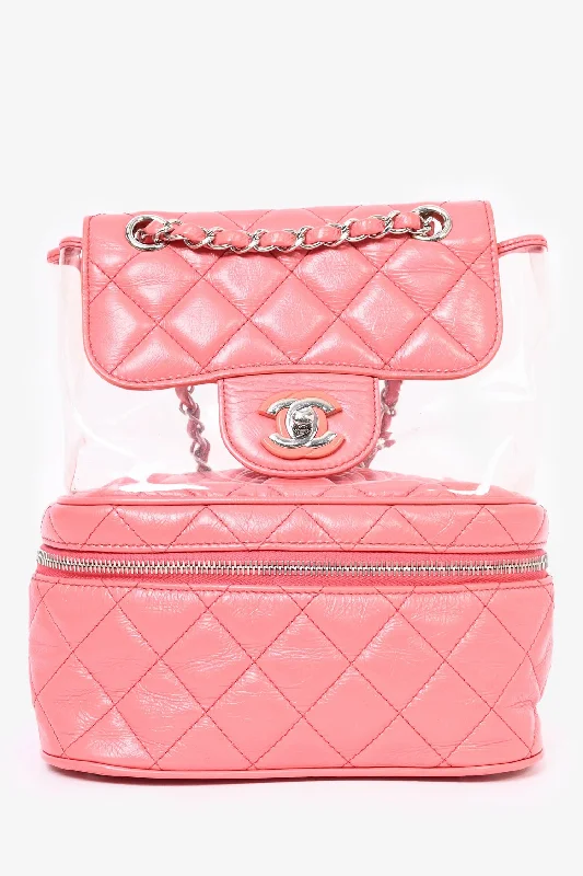 Ladies Handbag Daily Style -Pre-Loved Chanel™ 2018 Pink Calfskin Leather/PVC 'Aquarium' Backpack