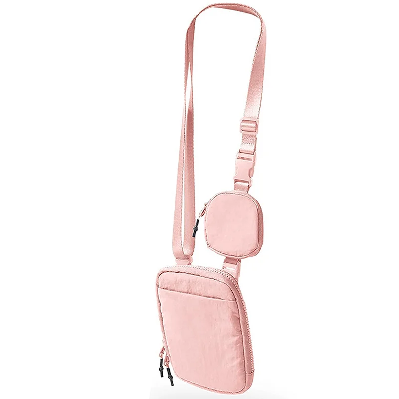 Ladies' crossbody bag outfit -Betsie's Nylon Phone and Earphone Vertical Sling Belt Bag - Pink