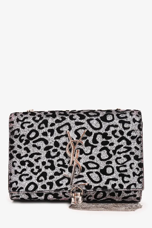 Ladies Handbag Work Chic -Saint Laurent Black Silver Animal Print Kate Tassle Small Crossbody