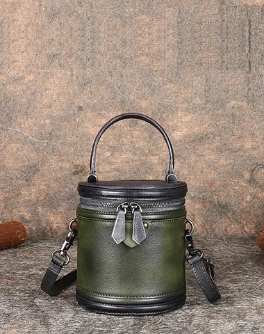 Ladies Bucket Bag Trendy Leather -Womens Green Leather Barrel Handbag Purses Vintage Handmade Round Shoulder Bag Bucket Crossbody Handbag for Women