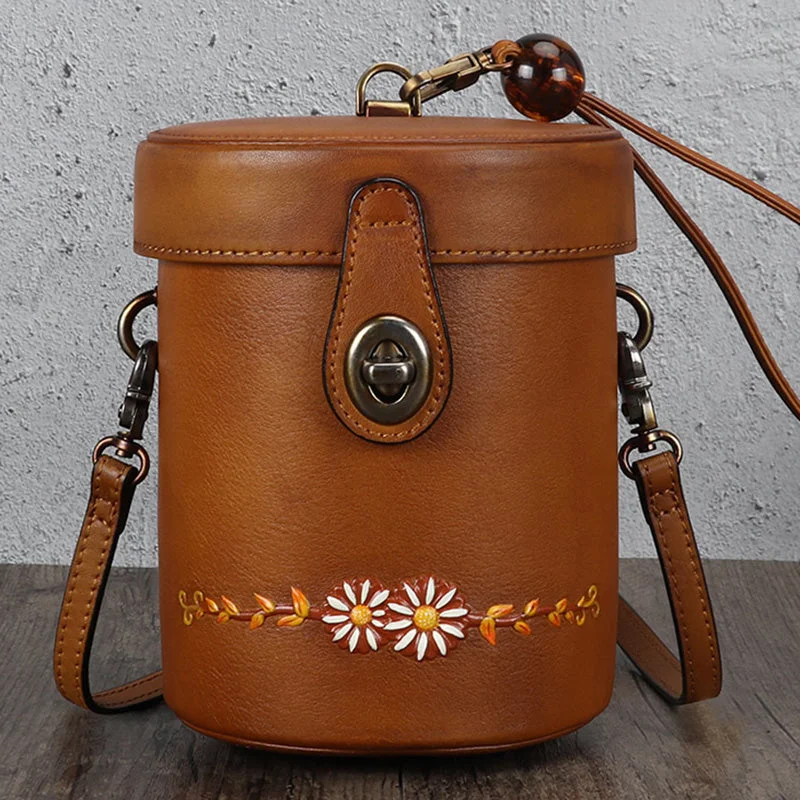 Ladies Bucket Bag Travel Leather -Vintage Womens Leather Crossbody Bucket Bag With Daisy Pattern Side Bags For Women