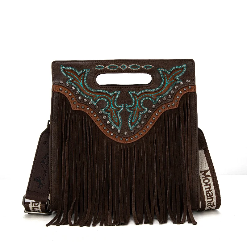 Ladies Tote Bag Retro Leather -MW1281G-9360  Montana West Fringe Embroidered Concealed Carry Tote/Crossbody - Coffee