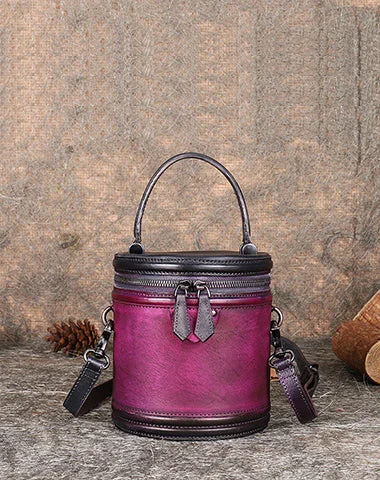 Ladies Bucket Bag Compact Leather -Womens Purple Leather Barrel Handbag Purses Vintage Handmade Round Shoulder Bag Bucket Crossbody Handbag for Women