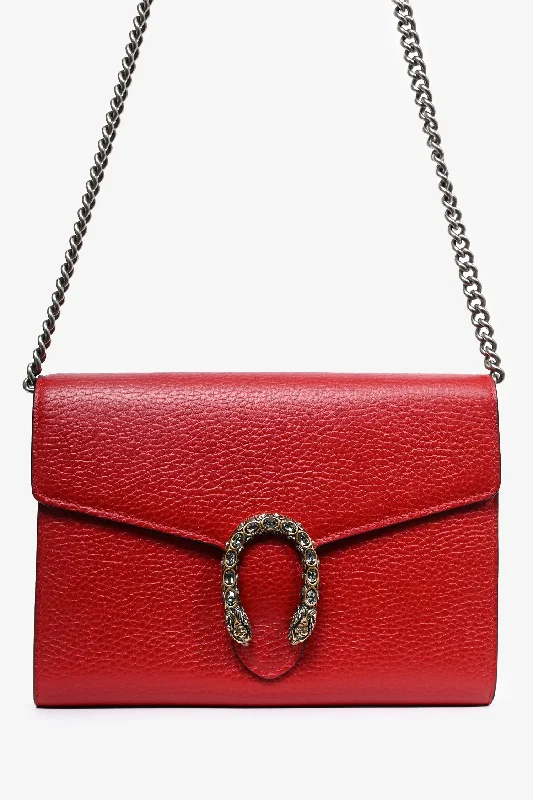 Ladies Handbag Luxury Leather -Gucci Red Grained Leather Dionysus Wallet on Chain