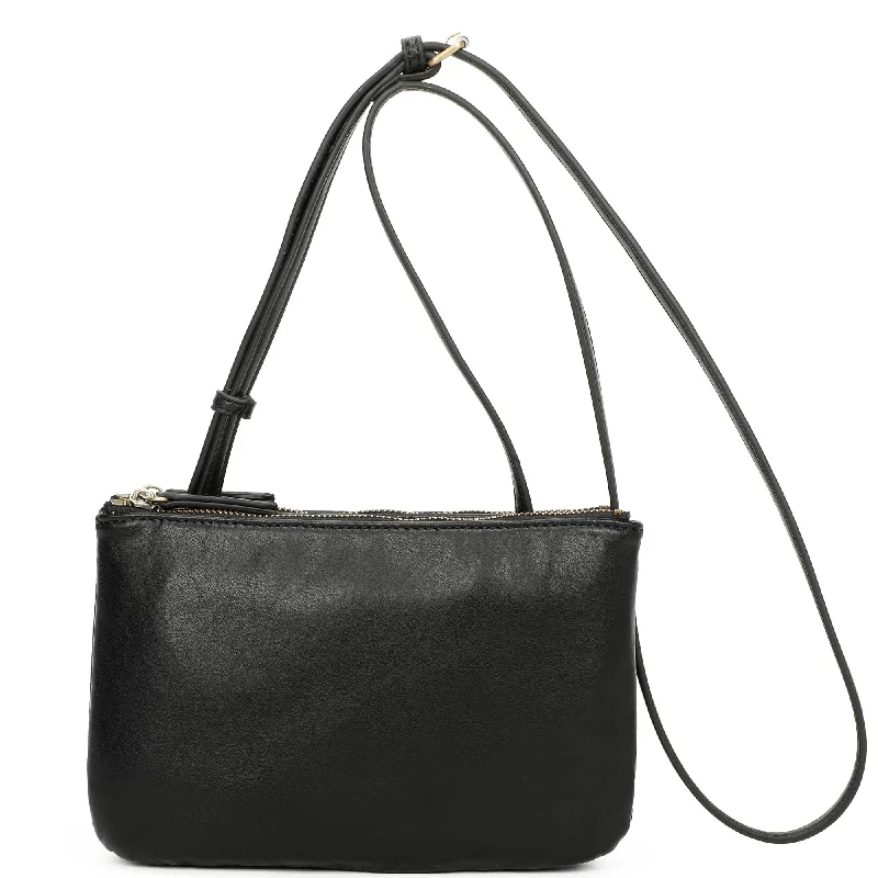 Ladies' crossbody bag exterior -Eden Biodegradable Vegan Leather Double Zip Crossbody Bag - Black