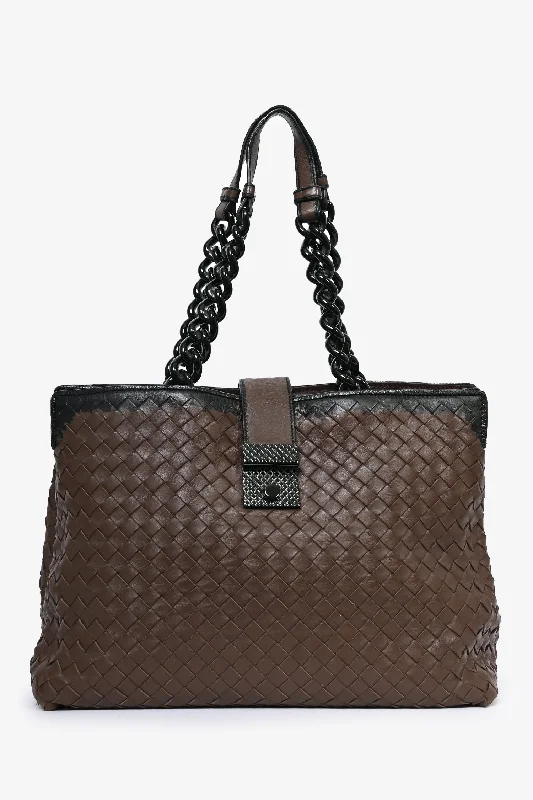 Ladies Handbag Lightweight Travel -Bottega Veneta Brown/Black Intrecciato Leather Chain Tote