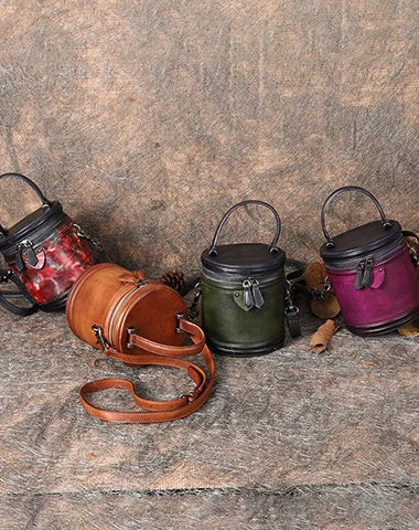 Ladies Bucket Bag Simple Canvas -Womens Leather Barrel Handbag Purses Vintage Handmade Round Shoulder Bag Bucket Crossbody Handbag for Women