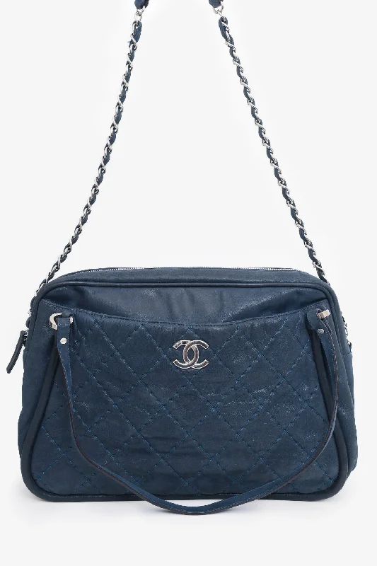 Ladies Handbag Casual Look -Pre-Loved Chanel™ 2012 Navy Quilted Leather Iridescent Relax CC Shoulder Bag