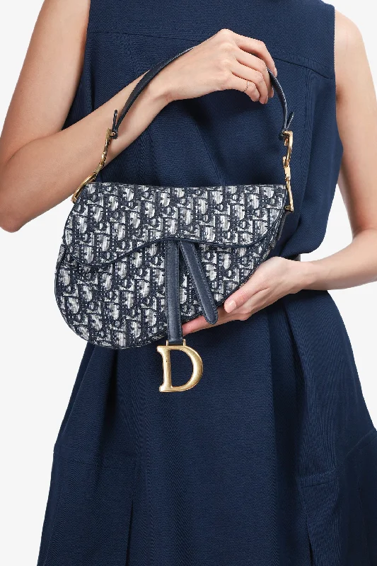 Ladies Handbag Luxury Chic -Christian Dior 2018 Blue Oblique Jacquard Saddle Bag with Canvas Strap