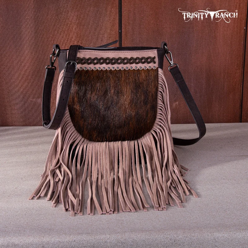 Ladies Handbag Retro Canvas -TR171-8360  Trinity Ranch Hair-On Cowhide Fringe Crossbody Bag -Coffee