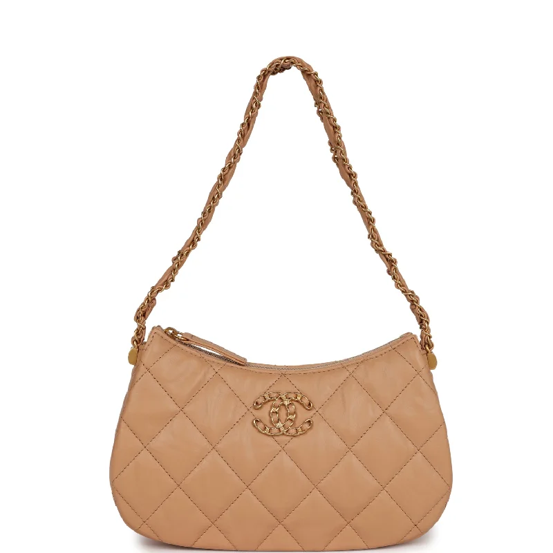 Ladies' dumpling bag in stock -Chanel 19 Hobo Bag Beige Aged Calfskin Brushed Gold Hardware