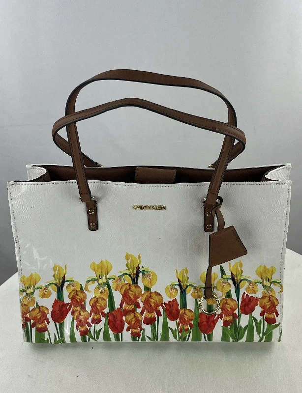 Ladies' wallet spring -Calvin Klein Women's Printed Floral White Satchel Hand Bag Purse W/Dust Bag