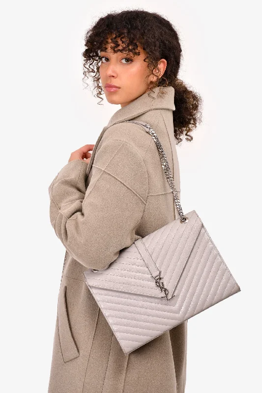 Ladies Handbag Simple Canvas -Saint Laurent Grey Chevron Leather Large Envelop Shoulder Bag