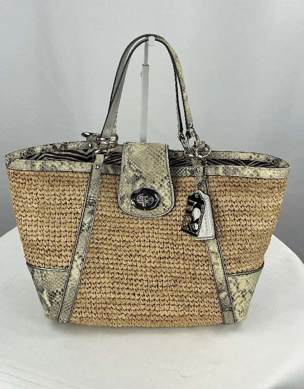 Ladies Tote Bag Leather Material -Coach Women's Hampton Straw & Python Snakeskin Leather Trim Tote W/Zebra Lining