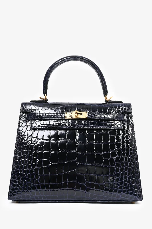 Ladies Handbag Weekend Style -Hermès 2021 Blue Marine Shiny Alligator Sellier Kelly II 25 Bag with Strap