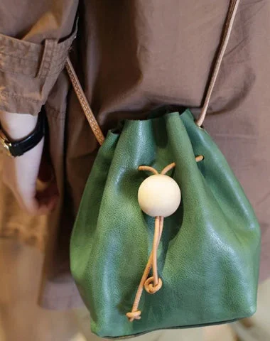 Ladies Bucket Bag Soft Neutrals -Cute Womens Green Leather Small Bucket Shoulder Bag Drawstring Green Small Bucket Crossbody Purse