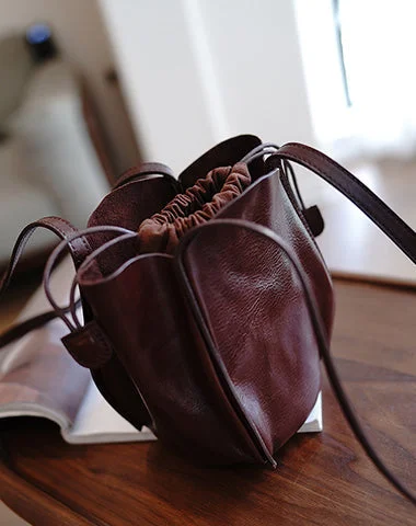 Ladies Bucket Bag Lightweight Carry -Vintage Womens Coffee Leather Small Bucket Shoulder Bag Flower Bud Bucket Purse for Women