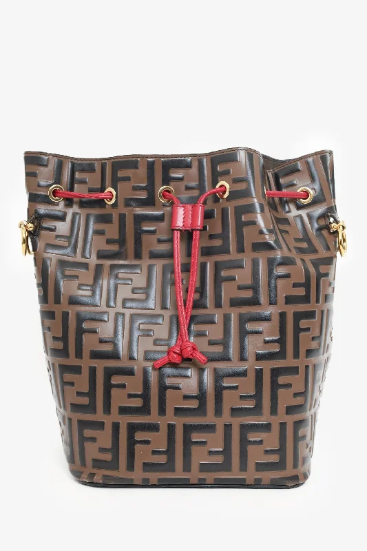 Ladies Handbag Minimalist Style -Fendi Brown FF 1974 Embossed Calfskin Grande Mon Tresor Bucket Bag