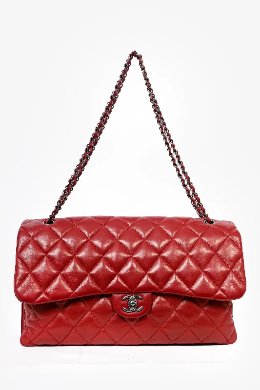 Ladies Handbag Large Capacity -Pre-Loved™ Chanel 2011/12 Red Lambskin Leather Maxi 3 Accordion CC Flap Bag