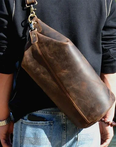 Ladies Bucket Bag Trendy Leather -Cool Mens Leather Barrel Chest Bags Bucket Sling Bag One Shoulder Backpack For Men