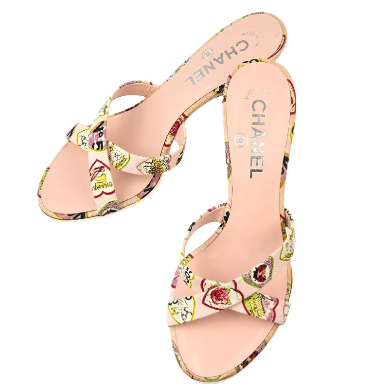 Chanel *Pink Canvas Mules Shoes Sandals #36 1/2