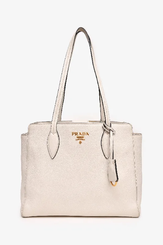 Ladies Handbag Eco Leather -Prada White Pebbled Leather Logo Tote