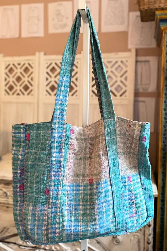 Ladies Tote Bag Casual Elegance -Turquoise Kantha Large Tote Bag