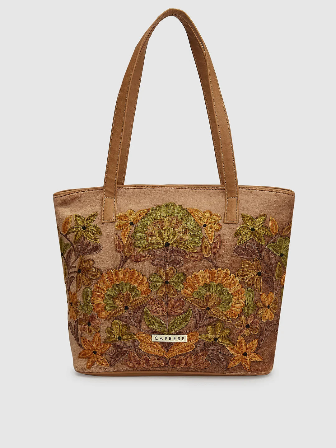 Ladies Tote Bag Travel Leather -Caprese Tresna Embroidery Tote Handbag Fawn