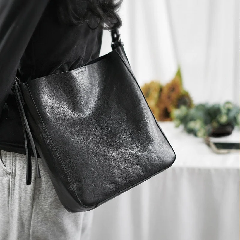 Ladies Bucket Bag Side Pockets -Womens Black Leather Bucket Bag Ladies Shoulder Bag