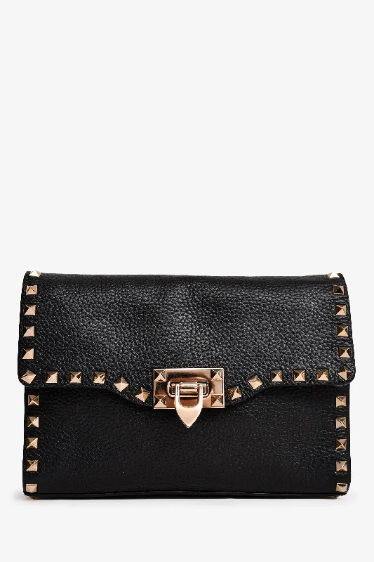 Ladies Handbag Weekend Canvas -Valentino Black Grained Leather Rockstud Flap Crossbody