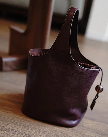 Ladies Bucket Bag Eco Conscious -Vintage Coffee Leather Small Bucket Handbag Women Handmade Small Barrel Bag for Women