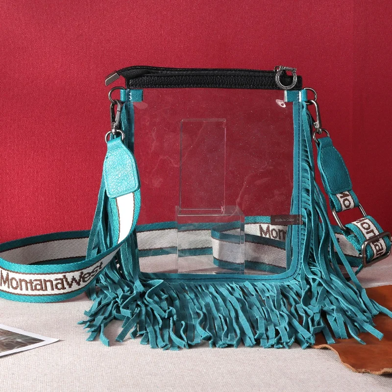 Ladies Handbag Quilted Texture -MW906-A192   Montana West Western Fringe Clear Stadium Crossbody Bag - Turquoise