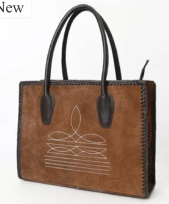 Ladies Tote Bag Retro Vibes -Brown Suede Boot Stitch Tote