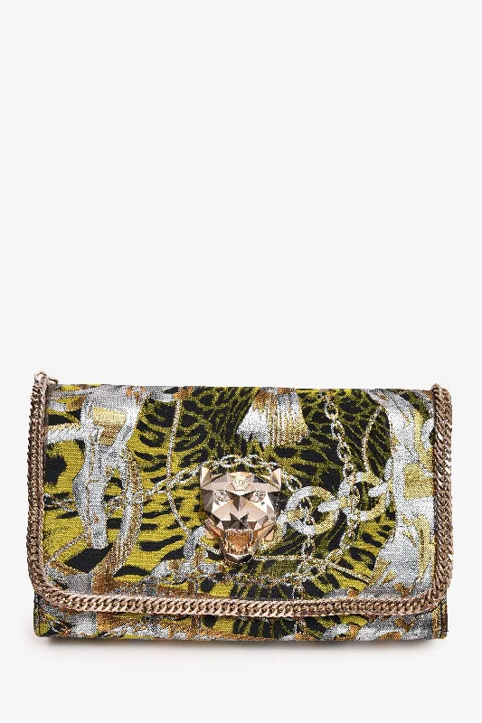 Ladies Handbag Colorful Accents -Phillip Plein Green/Silver Jacquard Animal Patterned Crossbody