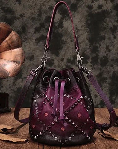 Ladies Bucket Bag Beach Ready -Purple Leather Womens Bucket Handbag Shoulder Bag Studded Western Leather Shoulder Barrel Bag Purse