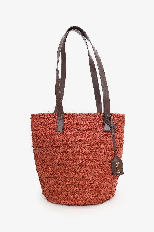 Ladies Handbag Secure Closure -Saint Laurent Dark Orange Small Panier Raffia Bucket Bag