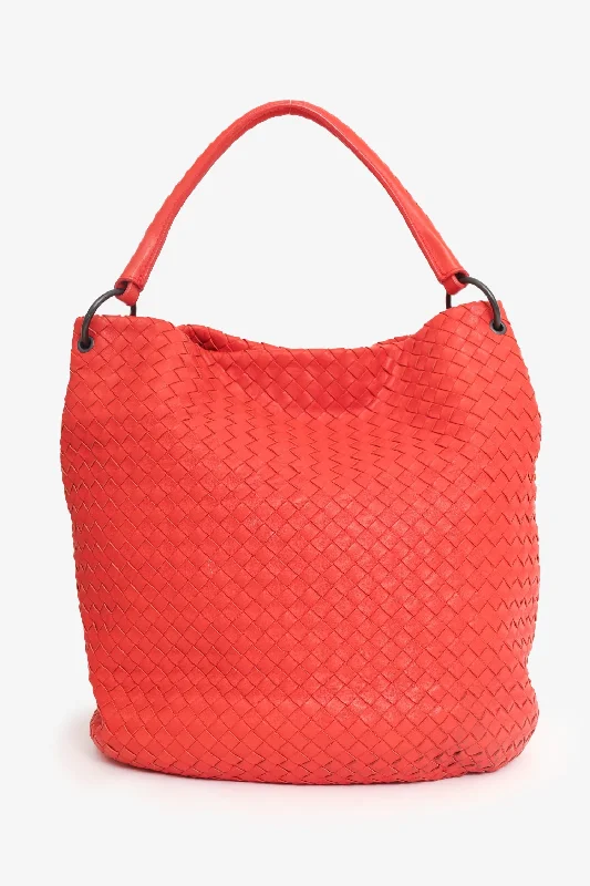 Ladies Handbag Hybrid Canvas -Bottega Veneta Red Intrecciato Leather Shoulder Bag