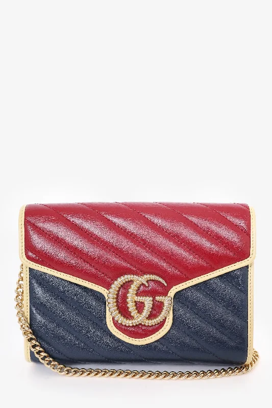 Ladies Handbag Hybrid Chic -Gucci Red/Navy Quilted Marmont Wallet On Chain