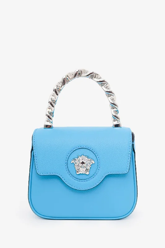 Ladies Handbag Eco-Friendly -Versace Blue Leather La Medusa Chain Handle Bag with Strap