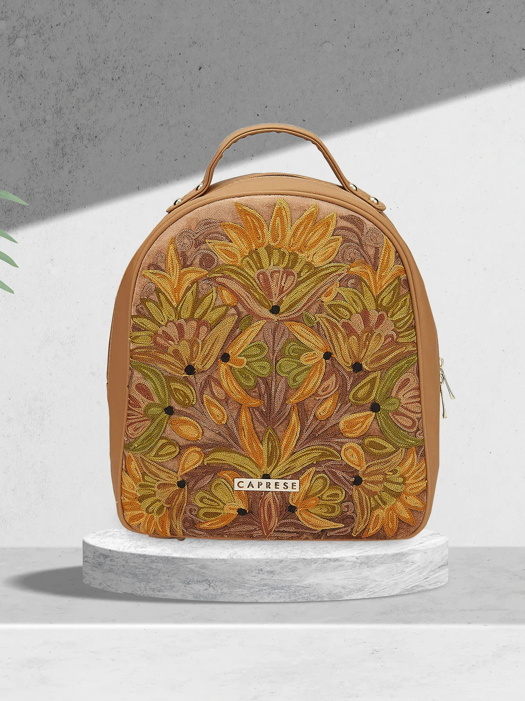 Caprese Tresna Embroidery Backpack Handbag Fawn