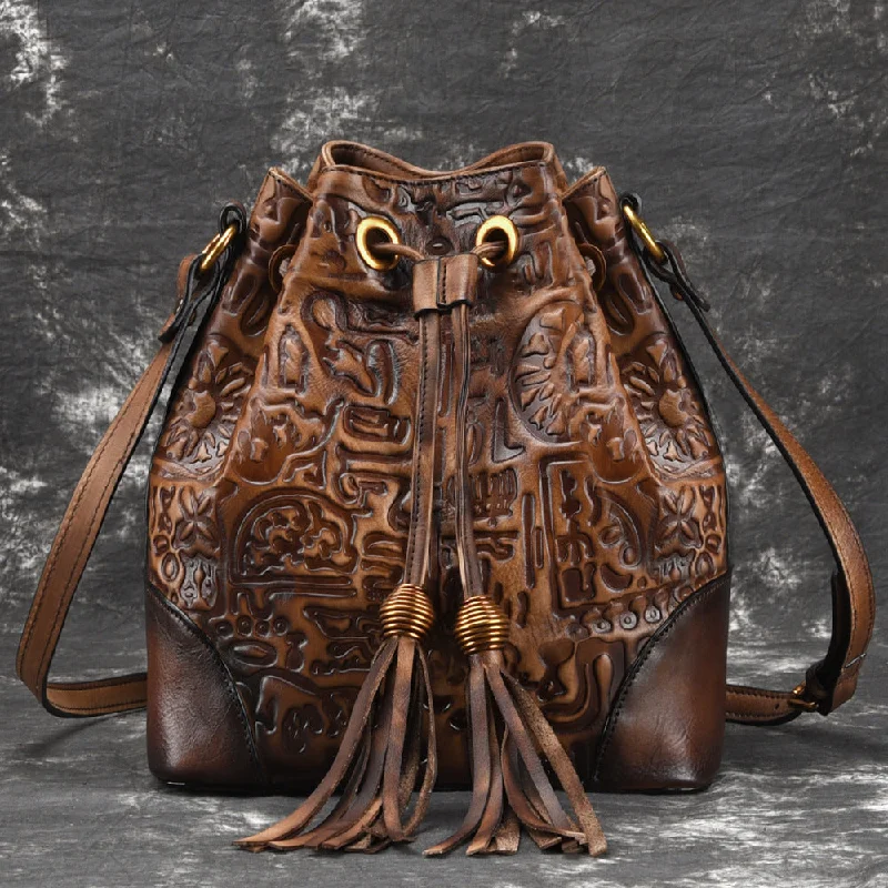 Ladies Bucket Bag Lightweight Style -Womens Brown Leather Crossbody Bucket Bag Western Purse With Fringe for Women