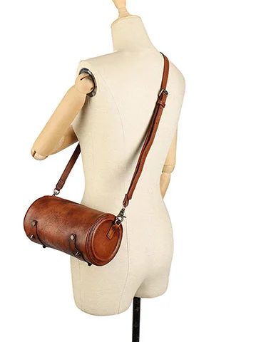 Ladies Bucket Bag Soft Patterns -Vintage Brown Leather Womens Barrel Shoulder Bag Bucket Crossbody Purse for Women