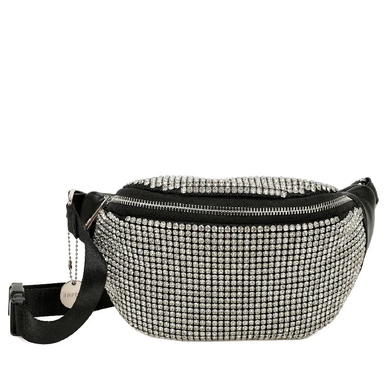 Ladies' crossbody bag playful -Sasha Vegan Leather Faux Diamond Studs Belt and Bum Bag - Black