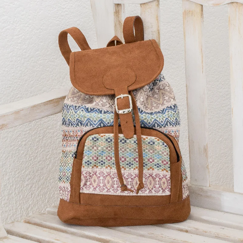 Traditional Pastel Pastel Faux Suede-Accented Cotton Backpack from Guatemala