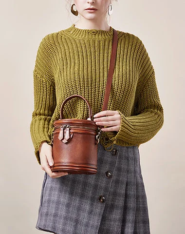 Womens Brown Leather Barrel Handbag Purses Vintage Handmade Round Shoulder Bag Bucket Crossbody Handbag for Women