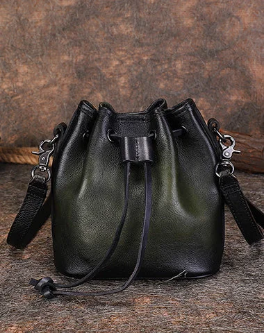 Ladies Bucket Bag Simple Leather -Vintage Green Leather Womens Bucket Shoulder Bags Bucket Crossbody Purse for Women